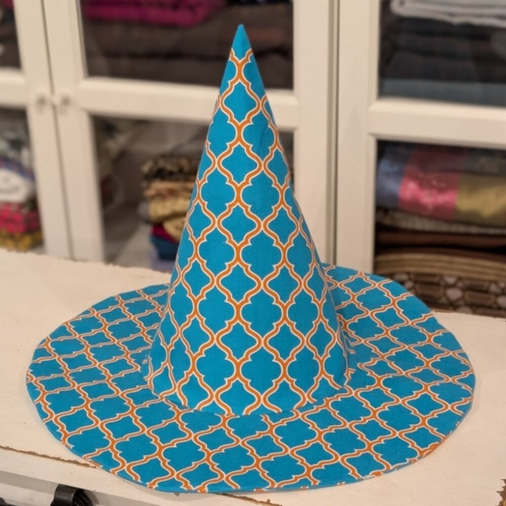 HANDMADE - Conical Witch Hat - Halloween - Spooky - Blue Orange White - Adult